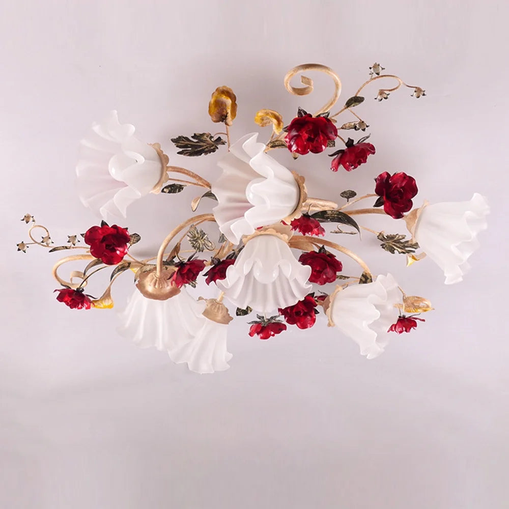 Lakiq Vintage Style Flower Glass Semi Flush Mount Ceiling Light Red Rose Decor Metal Ceiling Lamp for Living Room,7-light