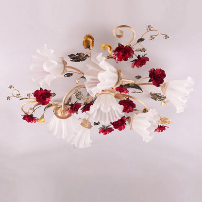 Lakiq Vintage Style Flower Glass Semi Flush Mount Ceiling Light Red Rose Decor Metal Ceiling Lamp for Living Room,7-light