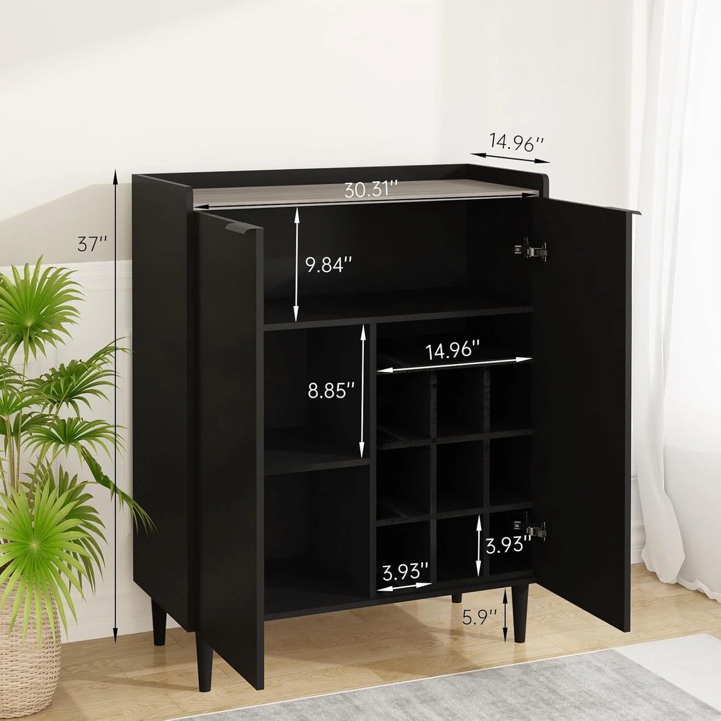 Lamerge Bar Cabinet, Black Industrial Bar Cabinet for Wine Glasses and Glasses, 37 Inch with Removable Wine Rack for Kitchen, Living Room Black
