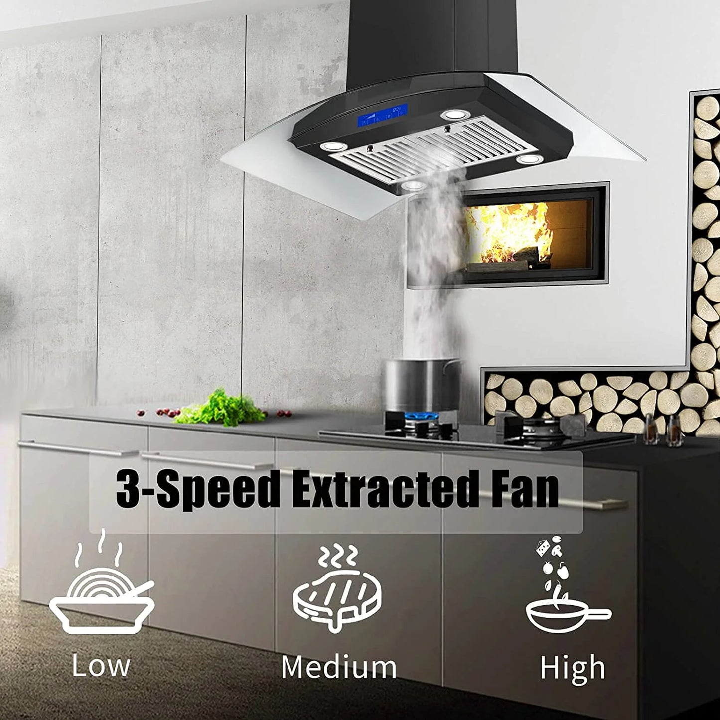 Island Mount Range Hood 36 inch Kitchen 3-Speed Extractor Fan Mesh filter Tempered Glass