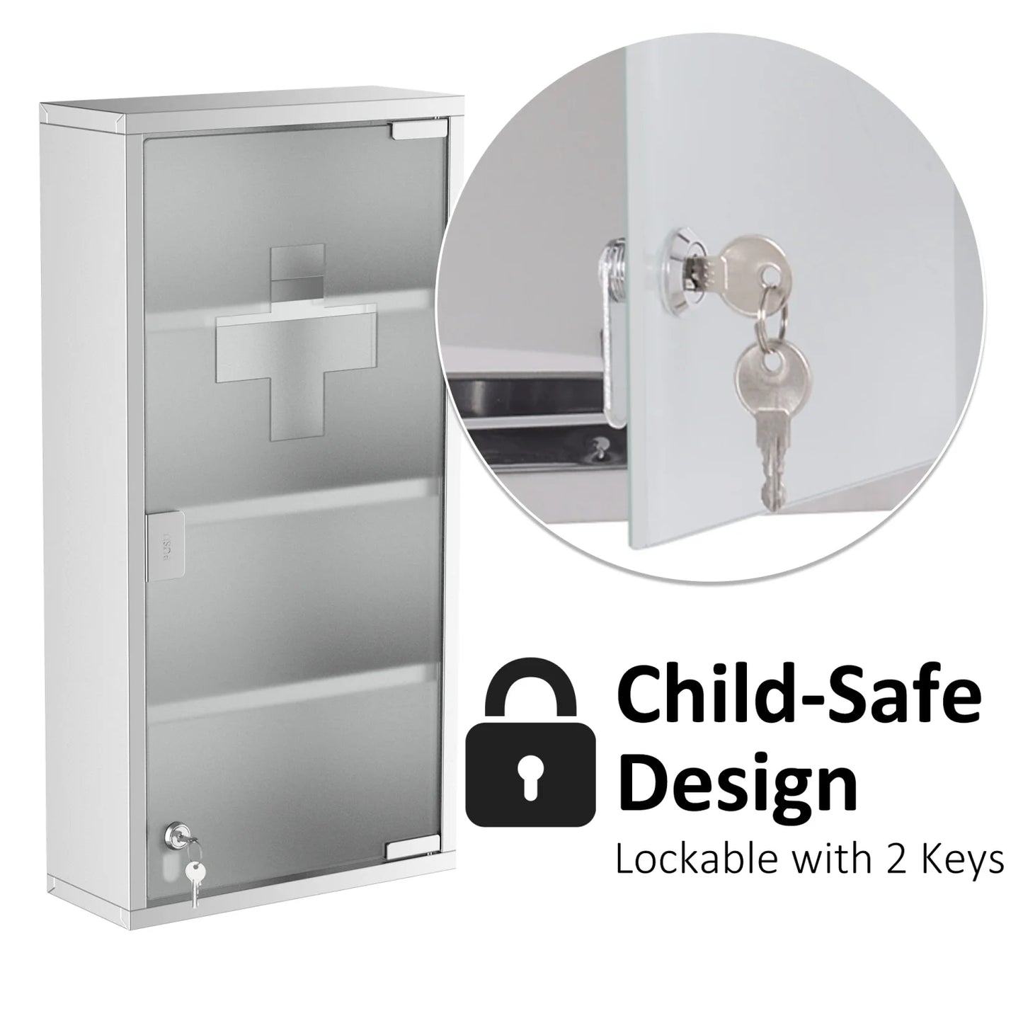 Wall Mounted Medicine Cabinet, with 4 Tier Shelves, Stainless Steel Frame and Glass Door