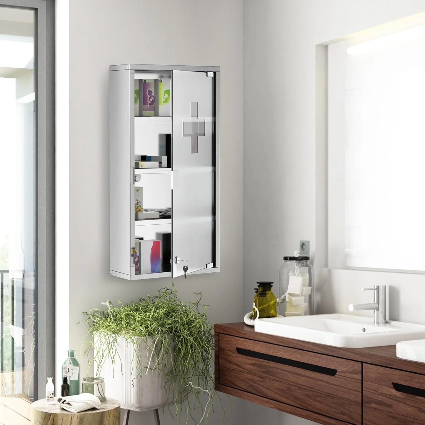 BOBOKY Wall Mounted Medicine Cabinet, Locking Wall Cabinet with 4 Tier Shelves, Stainless Steel Frame and Glass Door, Lockable with 2 Keys, Silver,12" x 24"