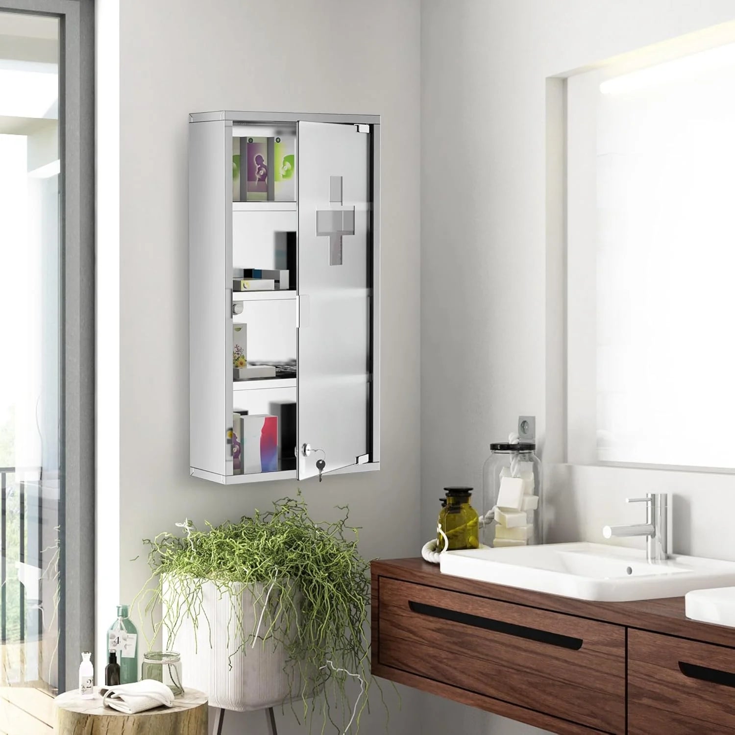 BOBOKY Wall Mounted Medicine Cabinet, Locking Wall Cabinet with 4 Tier Shelves, Stainless Steel Frame and Glass Door, Lockable with 2 Keys, Silver,12" x 24"