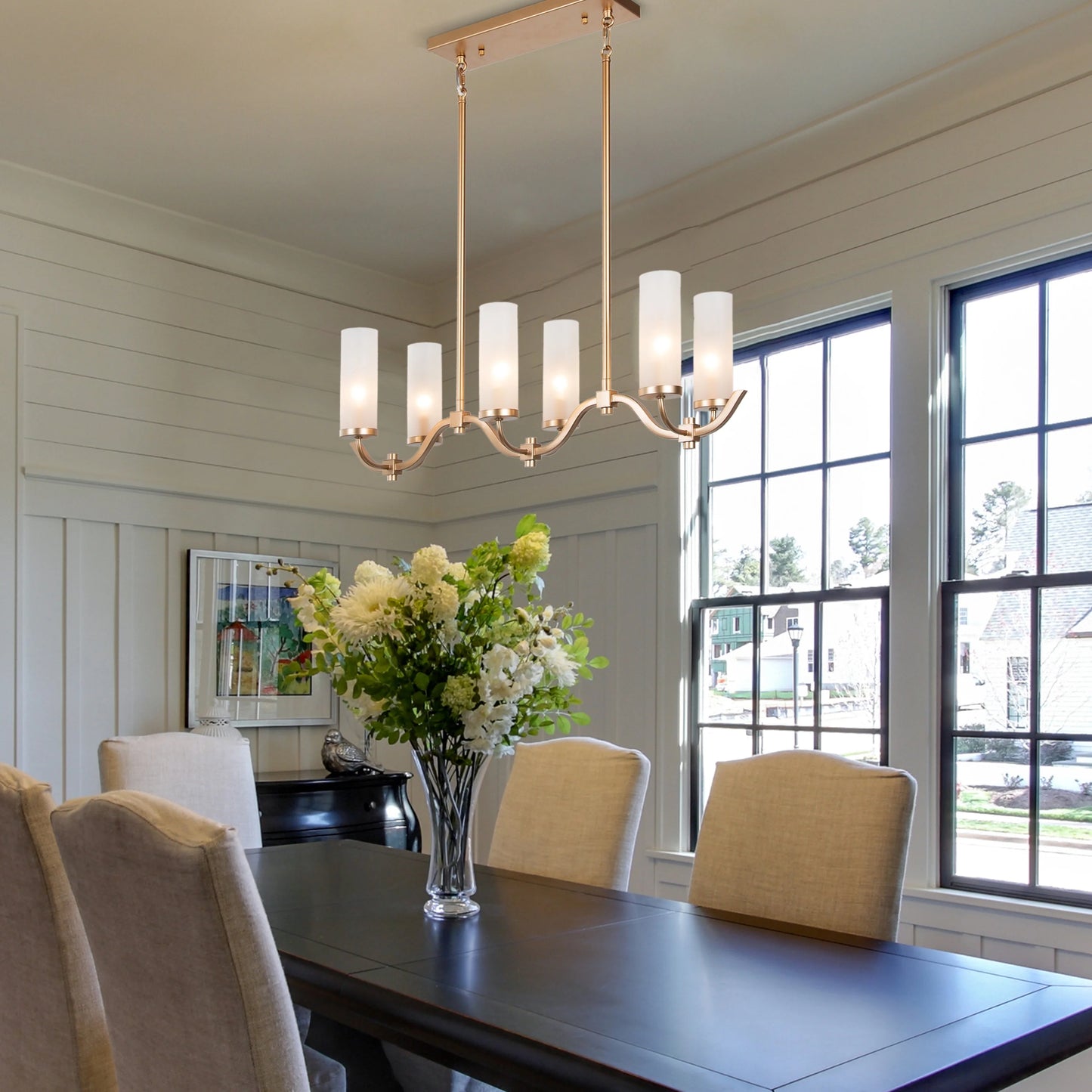 LNC Kayna Mid-Century Modern 6-Light Chandelier Frosted Glass Lights for Kitchen Island Gold L 30" x W 9" x H 17"