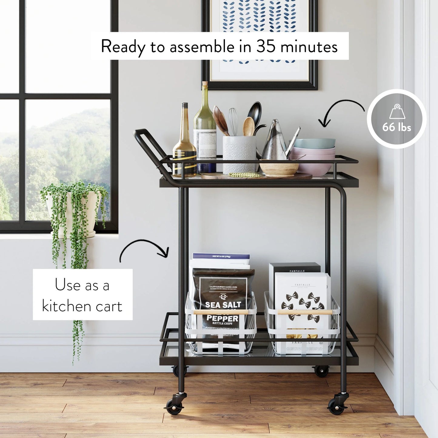 Nathan James Sally 2-Tiered Black Metal Frame Glass Rolling Bar Cart and Tea or Cocktail Cart
