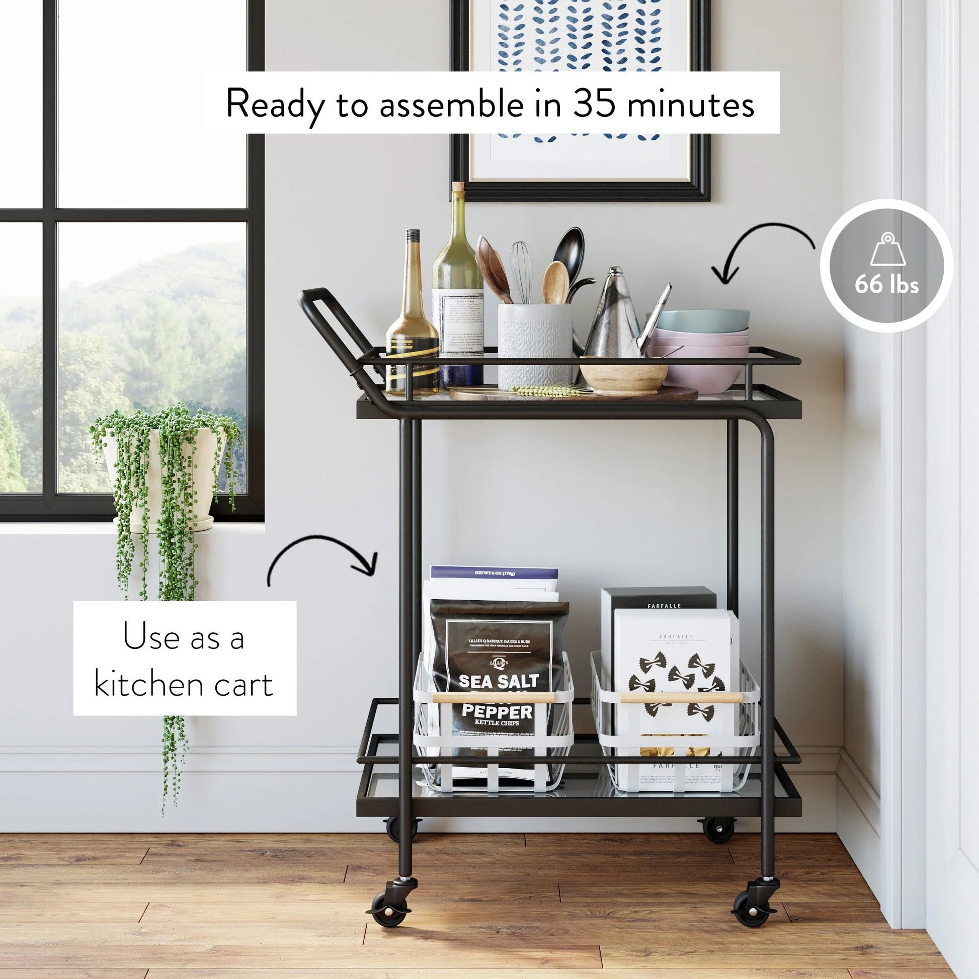 Nathan James Sally 2-Tiered Black Metal Frame Glass Rolling Bar Cart and Tea or Cocktail Cart