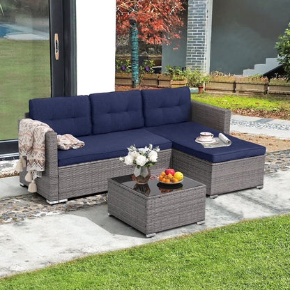JOIVI 3 Pieces Patio Conversation Set, PE Wicker Rattan Outdoor Furniture Set, 2 Ways Small Sectional Sofa, Tempered Glass Coffee Table, Silver-Gray