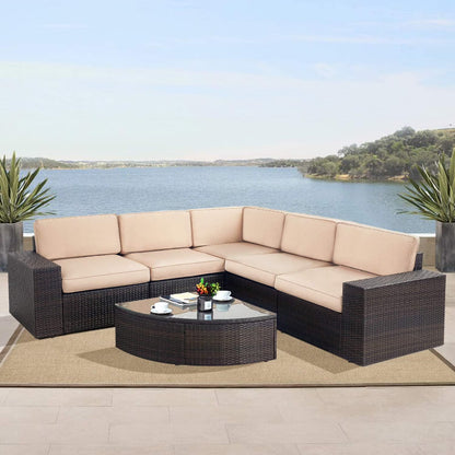 SOLAURA 6-Piece Patio Furniture Outdoor Conversation Set Patio All-Weather Wicker Sectional Sofa with Glass Coffee Table and Brown Cushions