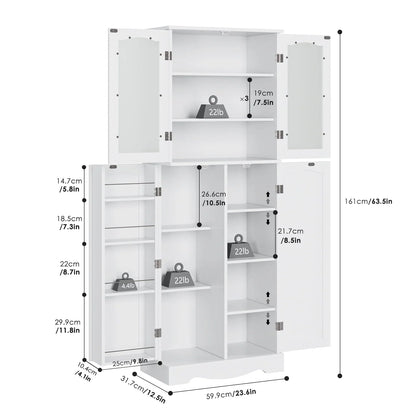 Homfa Kitchen Food Pantry Cabinet, 63.5'' Tall Storage Cabinet with Frosted Glass Doors and Adjustable Shelves, White
