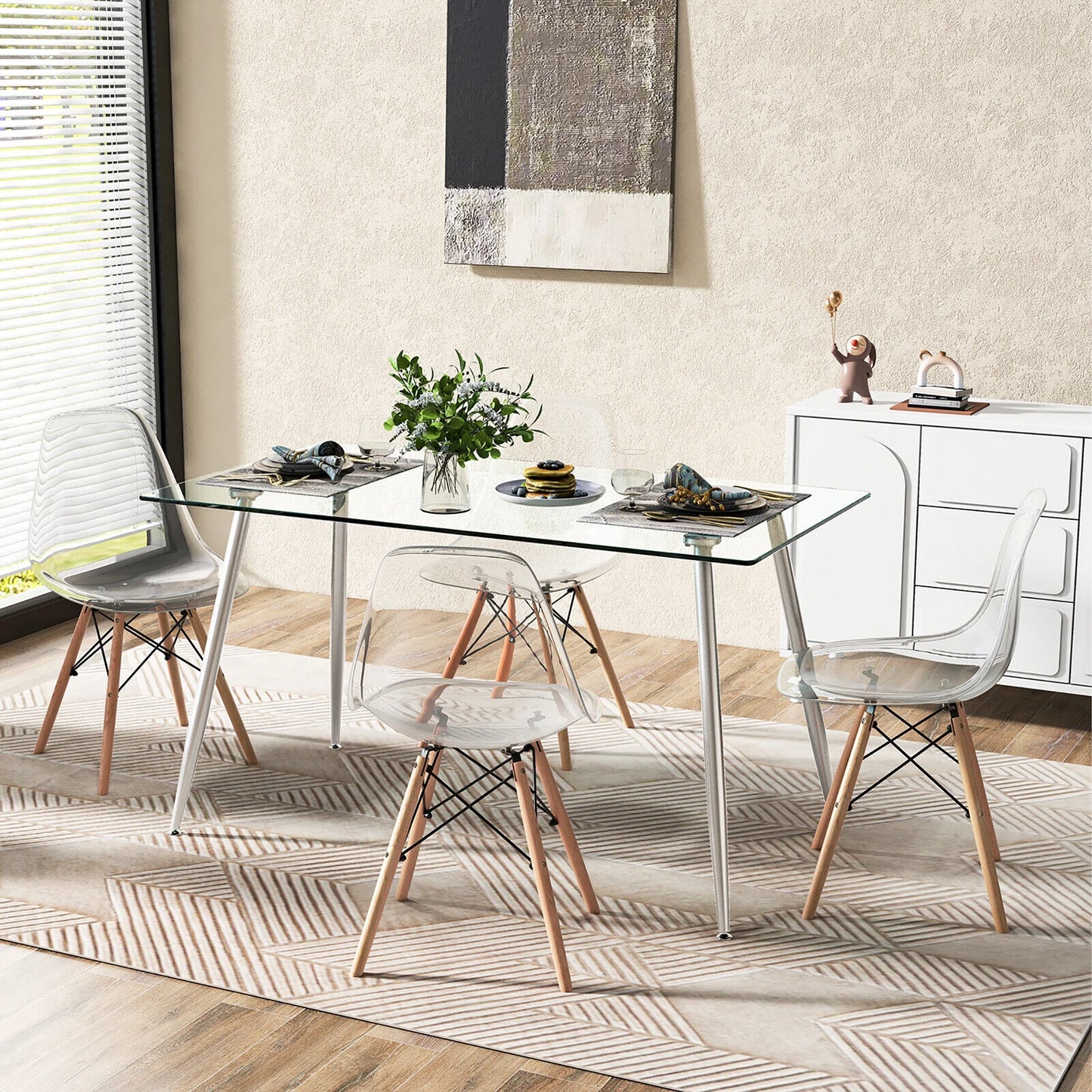 Gymax Modern Glass Dining Table Rectangular Dining Room Table W/Metal Legs For Kitchen Silver