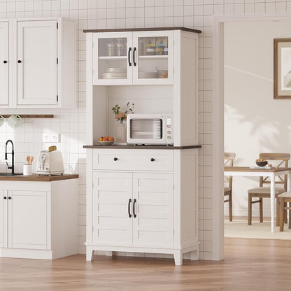 72" White Farmhouse Coffee Bar Cabinet with Storage Drawers & Glass Doors - Kitchen Storage Buffet for Dining Room, Beverage Organizer