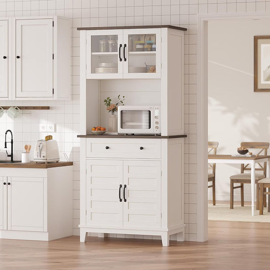 72" White Farmhouse Coffee Bar Cabinet with Storage Drawers & Glass Doors - Kitchen Storage Buffet for Dining Room, Beverage Organizer
