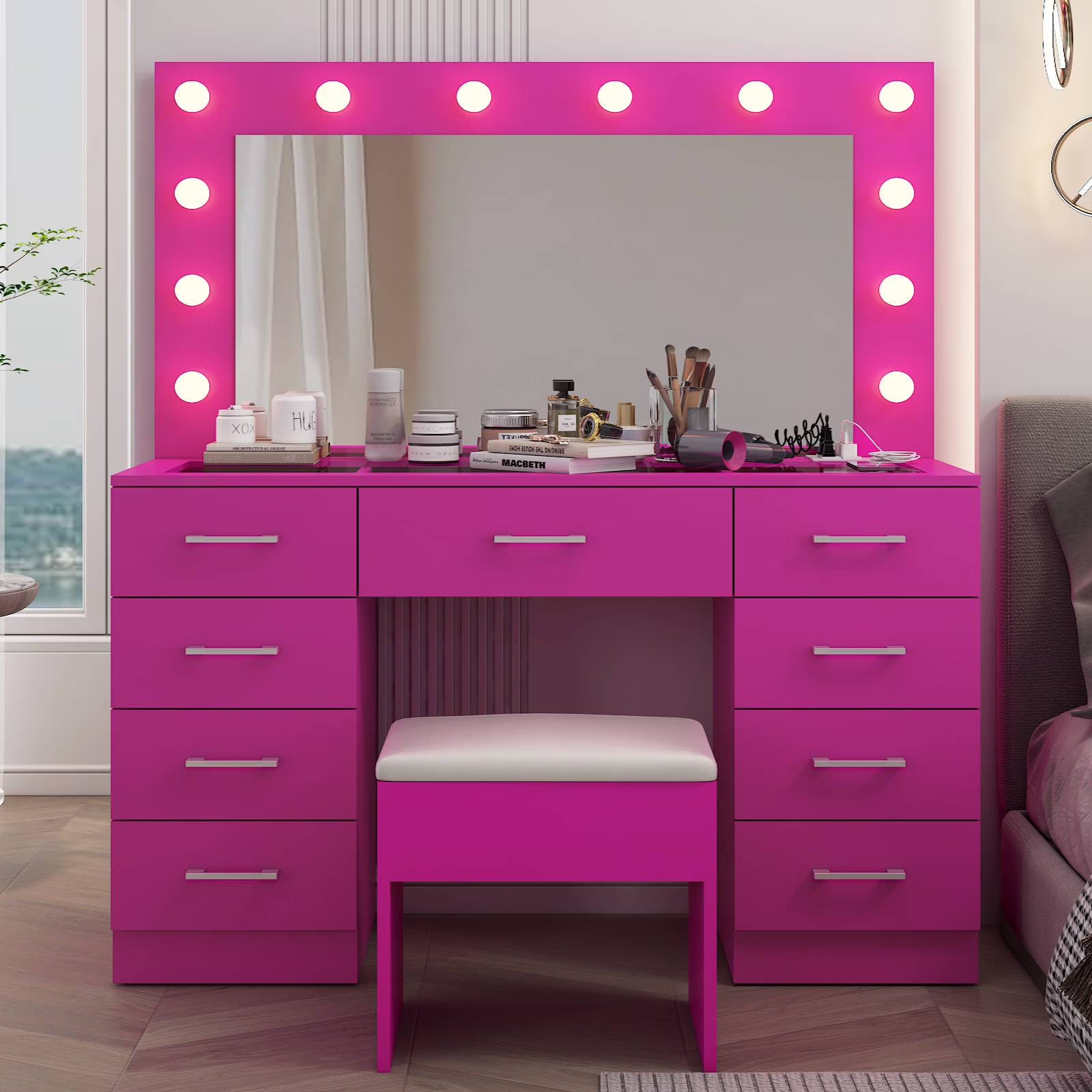 Ktaxon Large Makeup Vanity, Vanity Table Set w/Visible Glass Top w/Charging Station, White