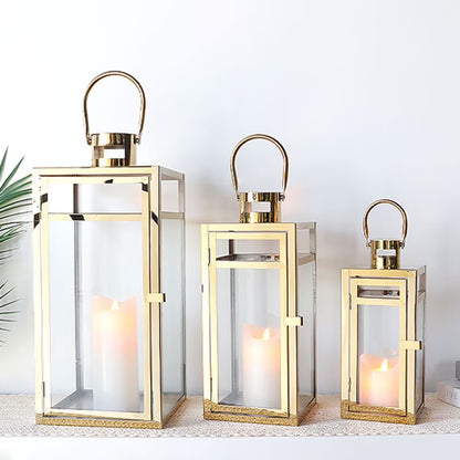 Stainless Steel Lantern Set of 3 12/15/19" Metal Lanterns with Tempered Glass for Parties & Events (Silver )