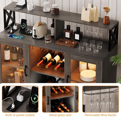 Luku Bar/Liquor Cabinet with Power Outlets Led Lights and Glass Holder, for Home, Kitchen, Gray