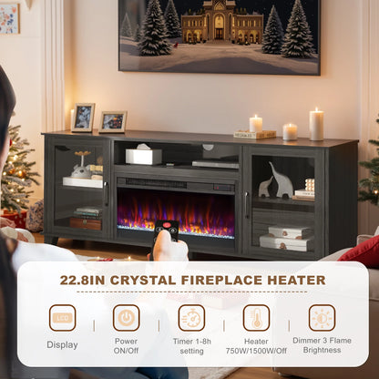 Fireplace TV Stand for 60 inch TV, Modern Entertainment Center With Glass Fireplace, Electric Fireplace TV Cabinet for Living Room, with Remote Control Fireplace, Black
