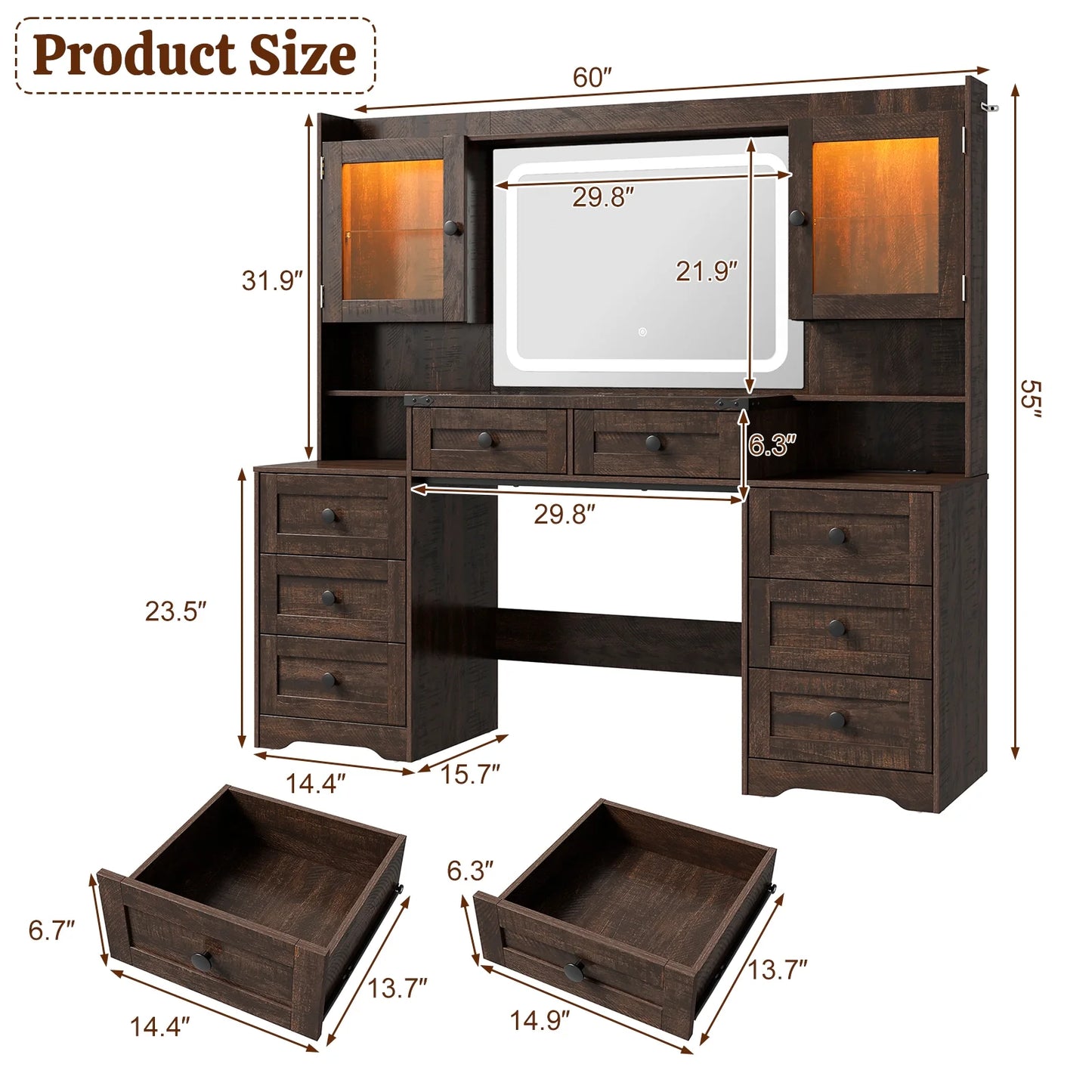 ANPOO 60" Farmhouse Vanity Desk with Outlet, Mirror Lights, Tempered Glass Top, Big Makeup Vanity Table with 2 RGB Glass Cabinets, 60000-color LED Lights, Wood Makeup Desk for Women, Girls, Brown