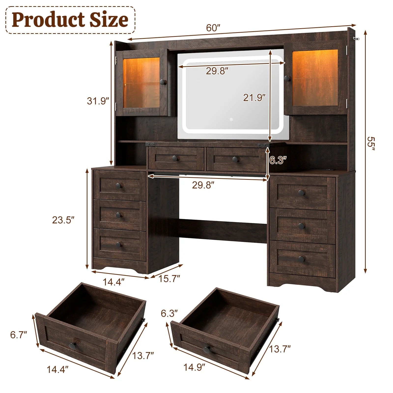 ANPOO 60" Farmhouse Vanity Desk with Outlet, Mirror Lights, Tempered Glass Top, Big Makeup Vanity Table with 2 RGB Glass Cabinets, 60000-color LED Lights, Wood Makeup Desk for Women, Girls, Brown