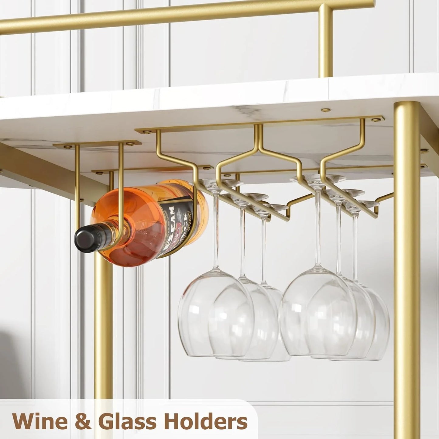 Yesurprise Gold Bar Cart 3 Tier Bar Carts for The Home Rotated Bar Cart Gold with Wine Rack and Glass Holder Bar Serving Cart with Wheels for Living Room Kitchen Dining Room