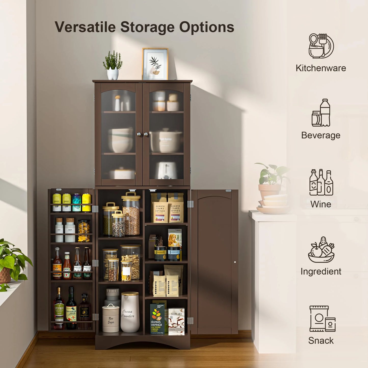 Kitchen Cabinet, Lofka 64" Kitchen Pantry Storage Cabinet with Frosted Glass Doors and 14 Shelves, Dark Brown
