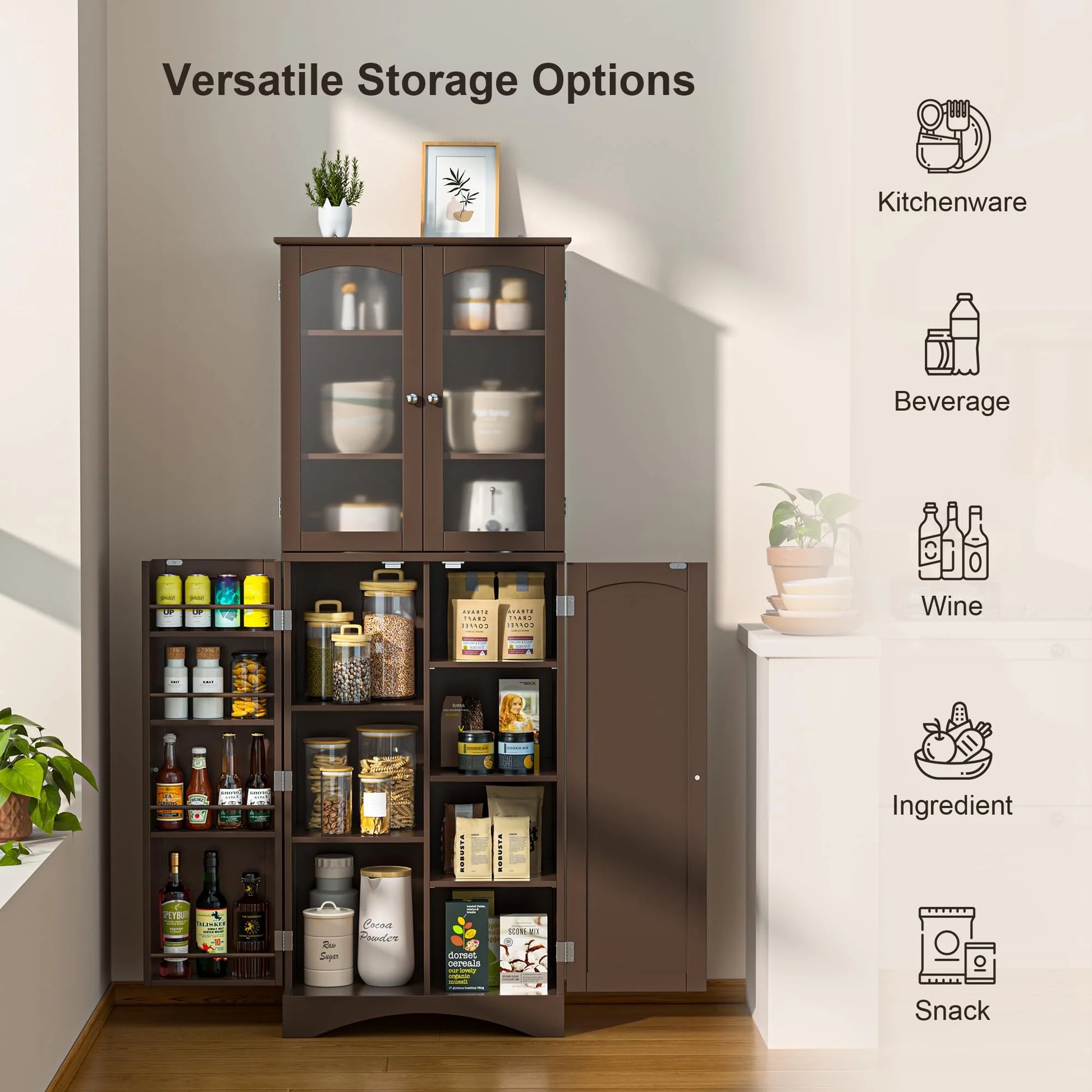Kitchen Cabinet, Lofka 64" Kitchen Pantry Storage Cabinet with Frosted Glass Doors and 14 Shelves, Dark Brown