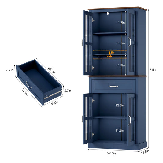Homfa 71" Tall Bathroom Cabinet with Glass Doors, Freestanding Linen Cabinet with Drawer & Adjustable Shelves, Blue