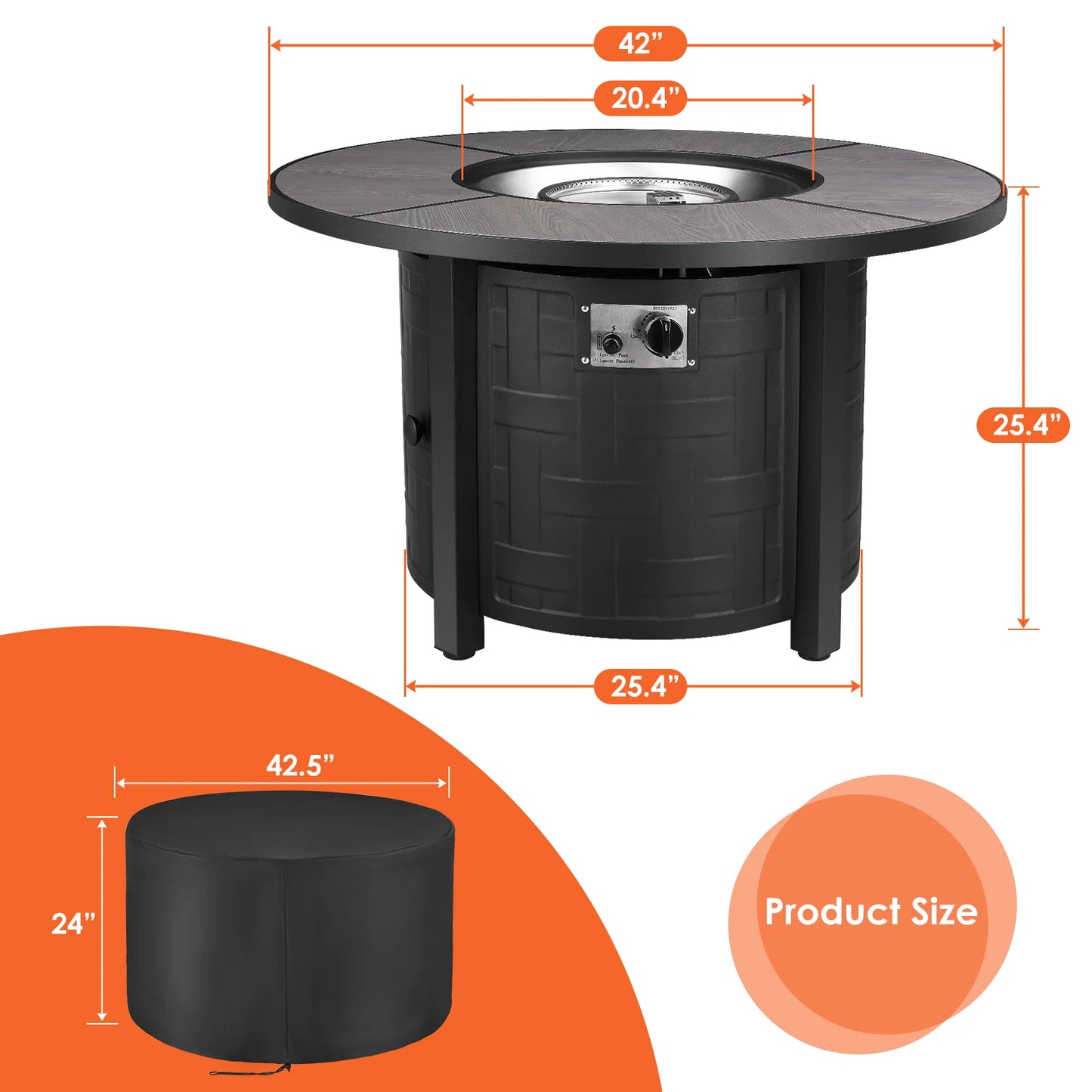 GARTIO 42" Round Propane Fire Pit Table 50,000 BTU Steel Gas Fire Pit with Removable Lid, Cover and Blue Glass Rocks, Outdoor Fireplace Set