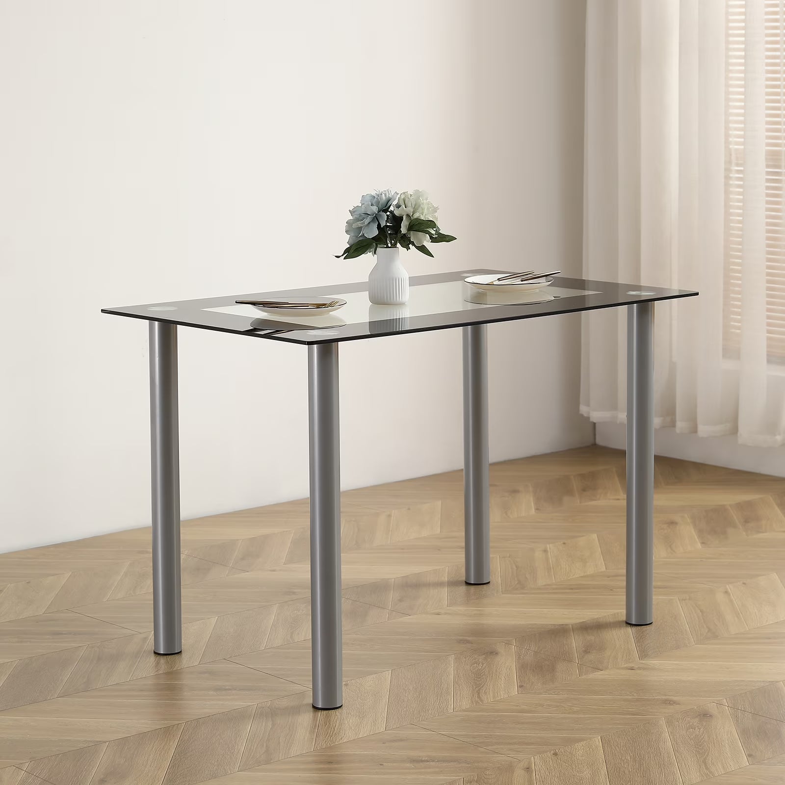 PAPROOS Glass Dining Table, Modern Rectangular Dining Room Table, Kitchen Tempered Glass Dining Table with 4 Square Metal Legs, Heavy Duty Dinette Table for 4, Black