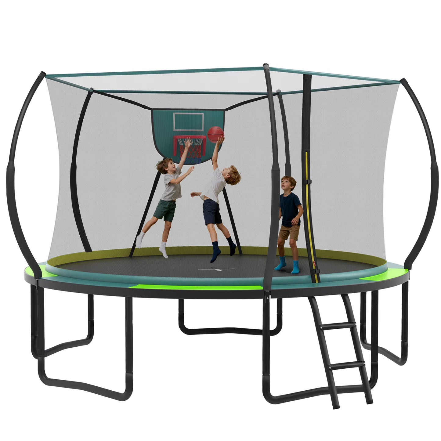 14FT Trampoline with Enclosure for Kids Adults, SEGMART Outdoor Pumpkin Round Recreational Trampoline with No-Gap Design, Heavy Duty Backyard Trampoline with Curved Fiberglass Poles for Indoor Outdoo