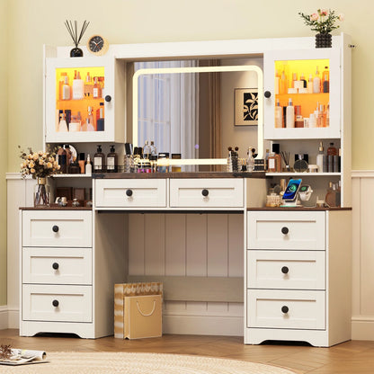 ANPOO 60" Farmhouse Vanity Desk with Outlet, Mirror Lights, Tempered Glass Top, Big Makeup Vanity Table with 2 RGB Glass Cabinets, 60000-color LED Lights, Wood Makeup Desk for Women, Girls, Brown