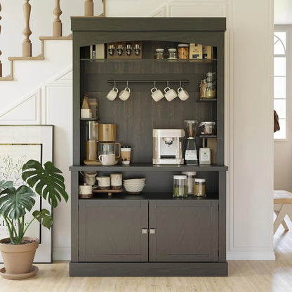 GarveeHome 72" Tall Coffee Bar Cabinet with LED Lights, Farmhouse Buffet Cabinet with Storage, Kitchen Sideboard with Microwave Stand, Wine Rack, and Glass Shelf for Dining Room, Dark Oak