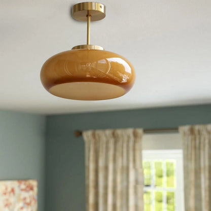 Arturesthome Ceiling Light Fixture Glass Lampshade Pendant Light with Brass Cover Amber Glass Hanging Lamp Vintage Yellow Glass Semi Flush Mount Ceiling Light for Princess Room Cloakroom