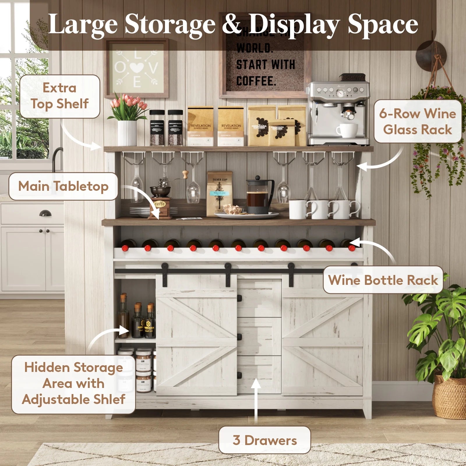 Lifewit Farmhouse Wine Bar Cabinet with Sliding Bar Door and Led Lights, Sideboard with 2 Layers Tabletops, Wine and Glass Racks, 2 Storage Cabinets with Adjustable Shelf, 3 Drawers, Rustic White