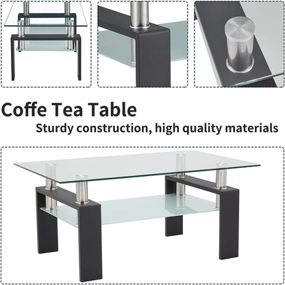 Glass Coffee Table with Lower Shelf, Clear Rectangle Glass Coffee Table, Modern Coffee Table with Metal Legs, Rectangle Center Table Sofa Table Home Furniture for Living Room, L5509