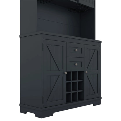 Bellemave 73.8"H Farmhouse Coffee Bar Cabinet with Shelves and Drawers Buffet Cabinet Wine Cabinet with Glass Holder and Wine Rack Tall Kitchen Cabinet for Dining Room, Antique Blue