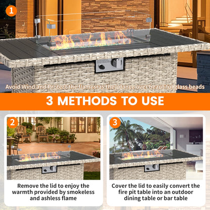 MRUAKA 8 Pieces Patio Furniture Set with Fire Pit Table, Outdoor Furniture Sectional Rattan Sofa with Slanted Back, Patio Couch with Glass Coffee Table for Backyard Garden (Dark Grey)