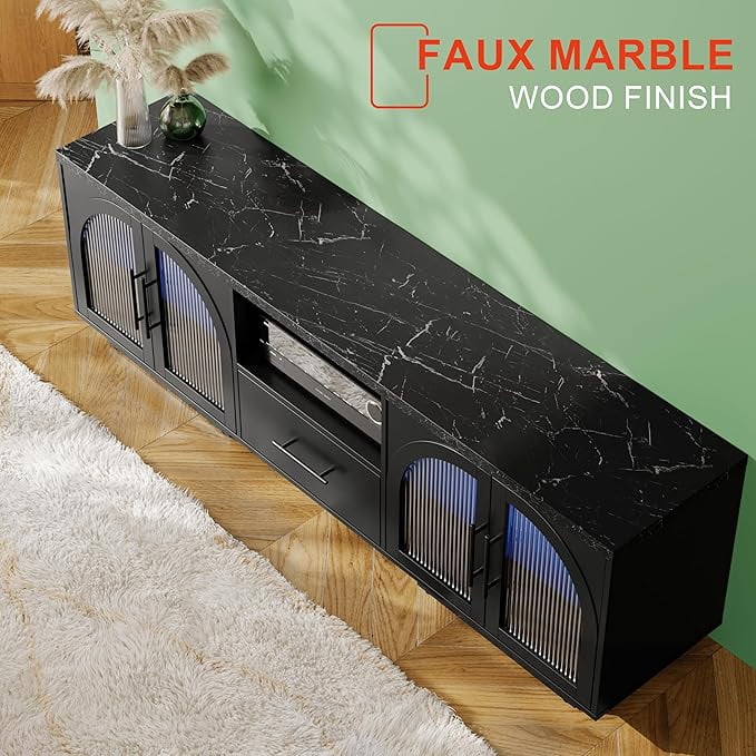 TV Stand for 75 inch TV, LED TV Stand for Living Room,70" Entertainment Center with Arched Glass Doors, Faux Marble Wood Finish Top, Adjustable Shelves, and LED Lighting, Black
