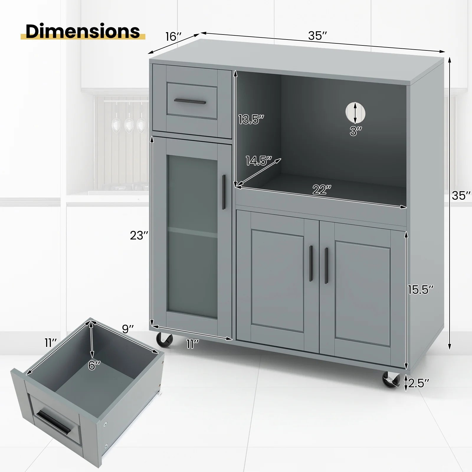 Topbuy Rolling Kitchen Island with Wheels Kitchen Cartwith Drawer and Glass Door Cabinet