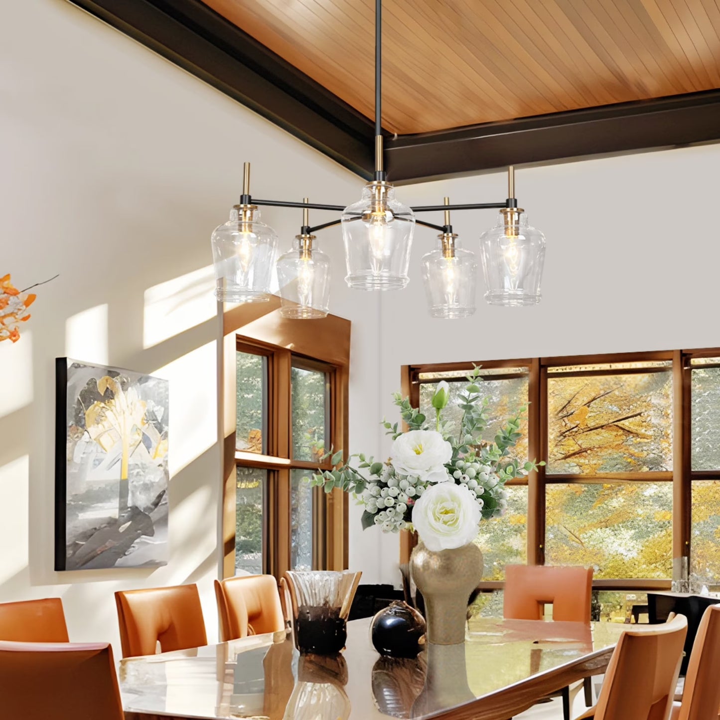 Savonnerie Modern 5-Light Black Gold Wagon Wheel Chandeliers Glass Pendant Light for Kitchen Dining Room 5 5-Light - 25"D 25 to 36 Inches