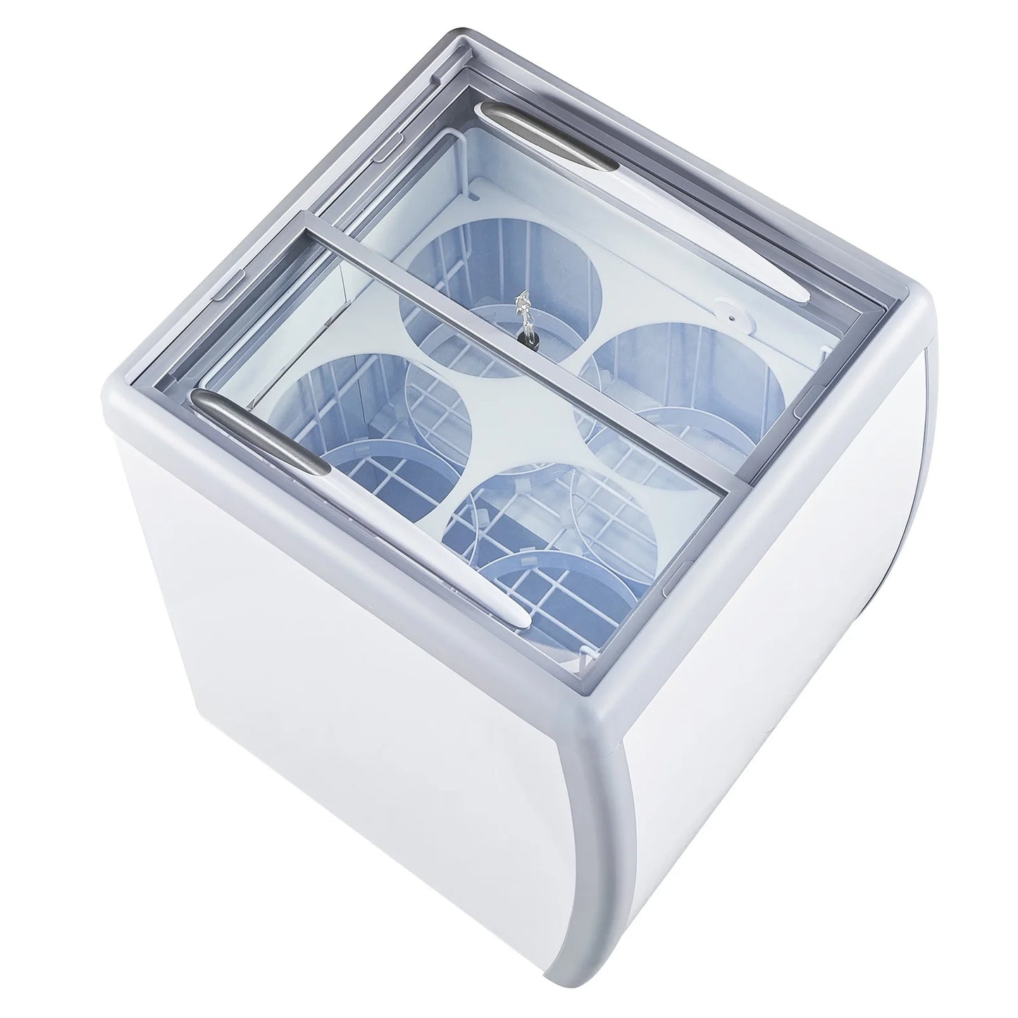 KFFKFF Professional Ice Cream Showcase, 5.6 Cubic Feet Storage Freezer, Portable Transparent Lid Deep Freezer, Diner Gelato Storage Cabinet with 4 Spacious Tubs, Dual Slide Glass Doors, Secure Wheels