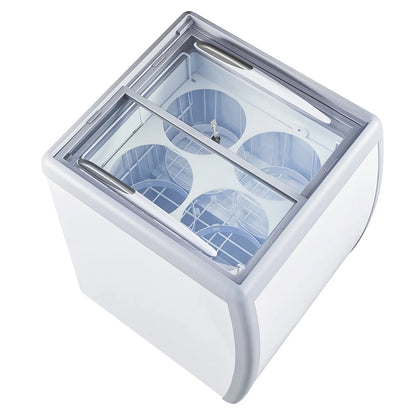 KFFKFF Professional Ice Cream Showcase, 5.6 Cubic Feet Storage Freezer, Portable Transparent Lid Deep Freezer, Diner Gelato Storage Cabinet with 4 Spacious Tubs, Dual Slide Glass Doors, Secure Wheels