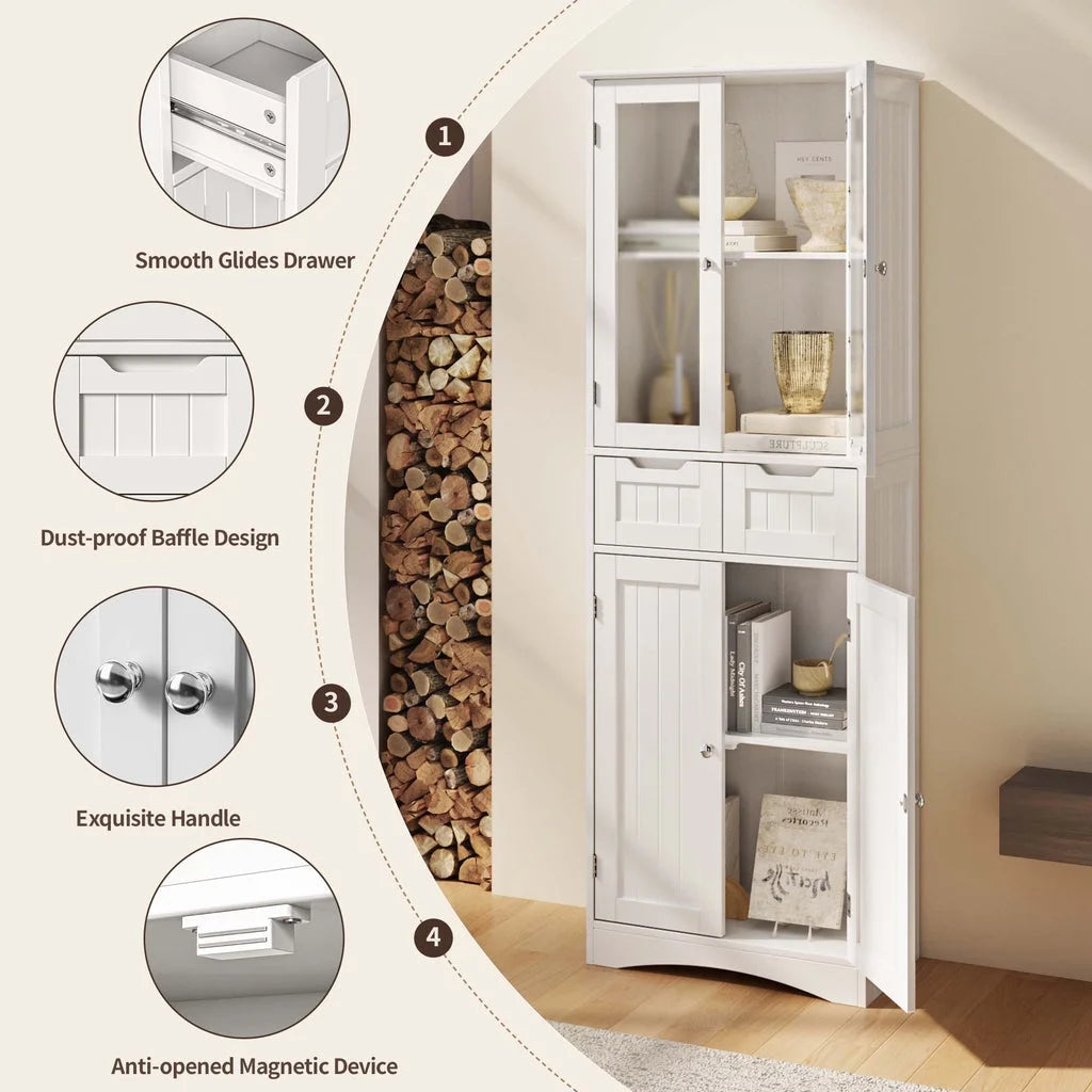 Aiho 67" Kitchen Pantry Storage Cabinet, Pantry Storage Cabinet with 2 Drawers and Glass Doors for Kitchen, Dining Room - White