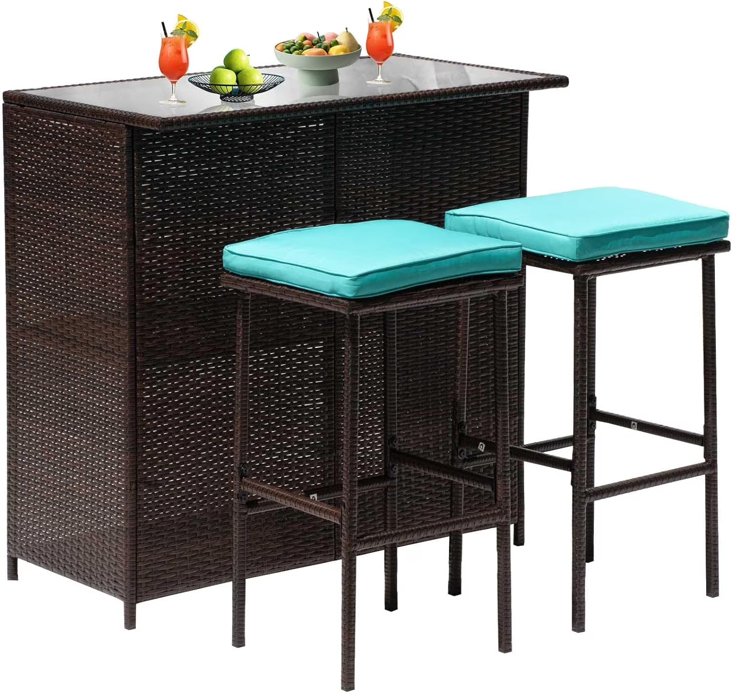 CL.HPAHKL Patio Bar Set, 3 Piece Outdoor Rattan Wicker Furniture Set with Glass Top Table & 2 Cushions Stools for Patios Backyards Porches Gardens Poolside, Khaki