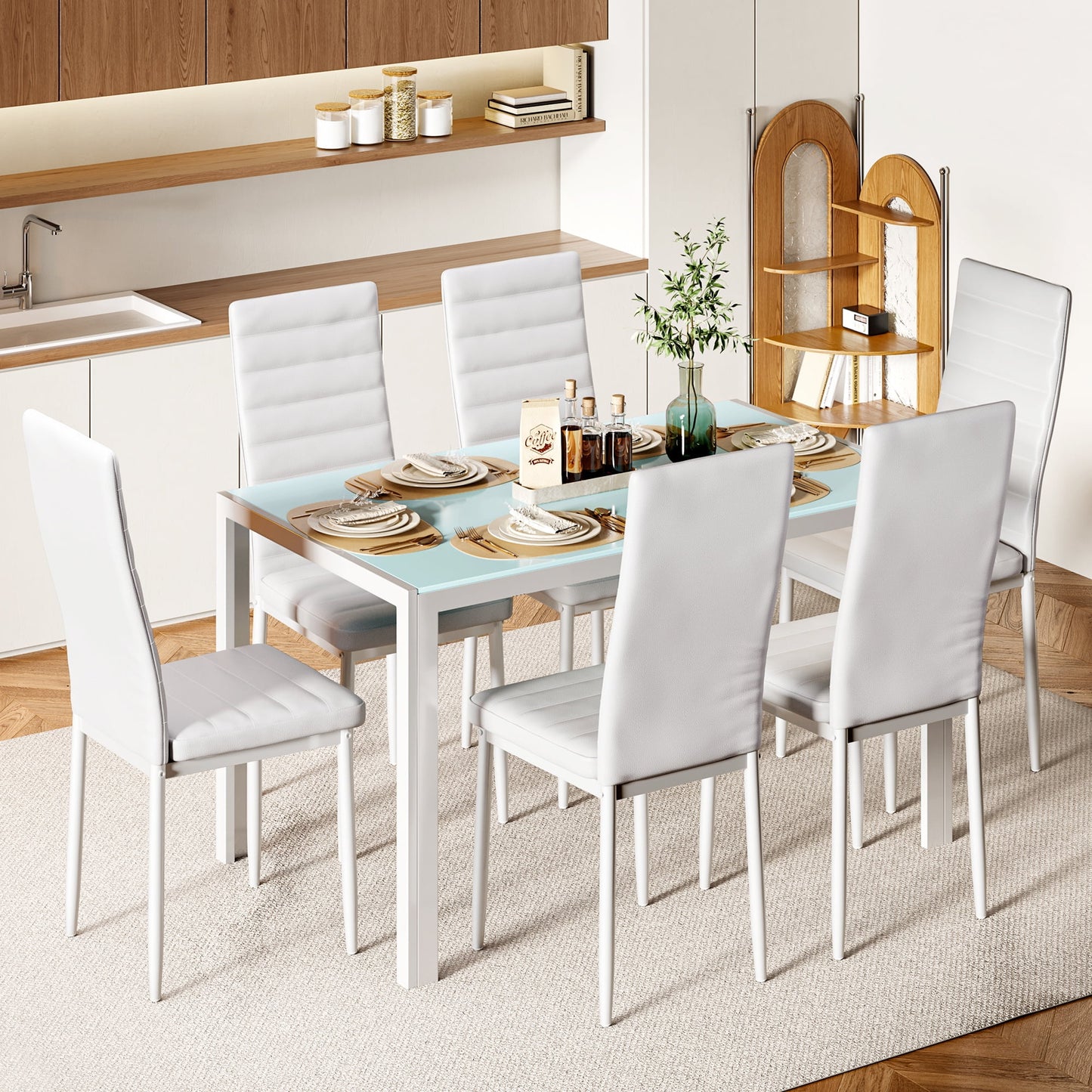 Asofer Modern 7 Piece Dining Table Sets for 6, Glass Kitchen Table, PU Leather Chair, Dining Room, Black