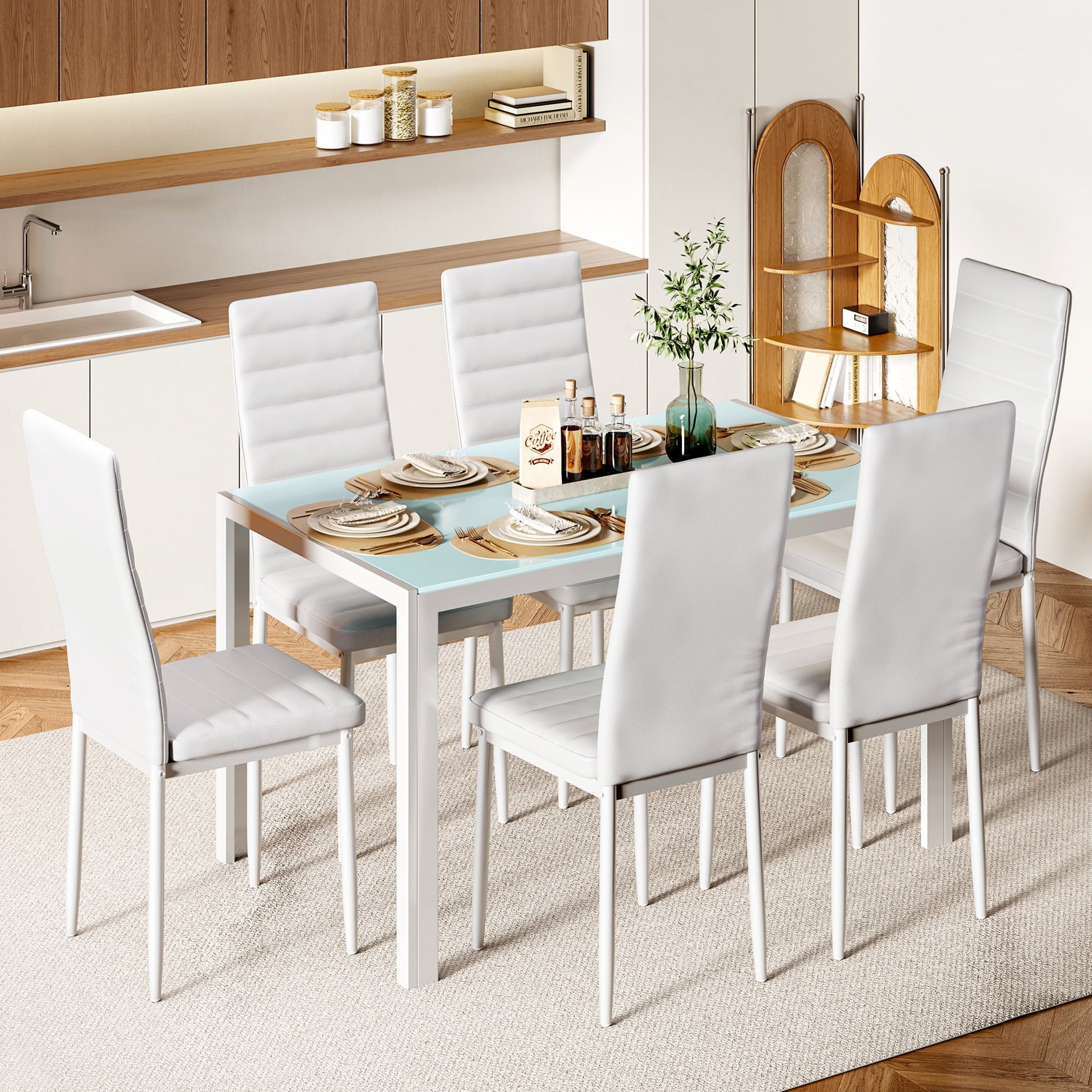 Asofer Modern 7 Piece Dining Table Sets for 6, Glass Kitchen Table, PU Leather Chair, Dining Room, Black