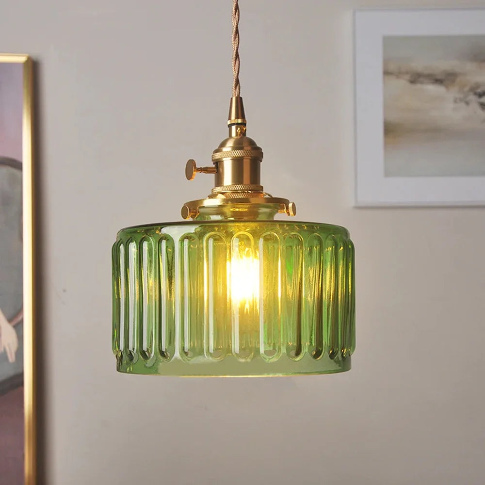 Arturesthome Classic Vintage Green Glass Pendant Light Cylinder Wavy Small Light Fixture
