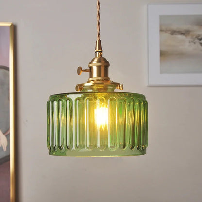 Arturesthome Classic Vintage Green Glass Pendant Light Cylinder Wavy Small Light Fixture