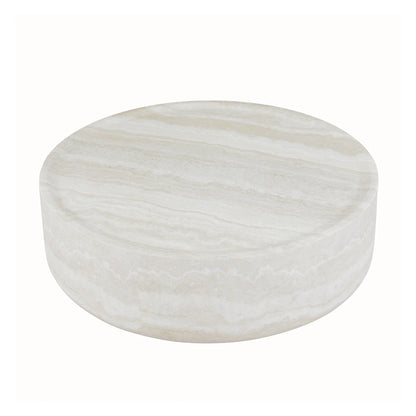 31.49'' Round Coffee Table with Marble Texture, Modern Low Drum Circle Fiberglass Coffee Table, Side Table Accent Table for Living Room, Outdoor, No Need Assembly, Marble