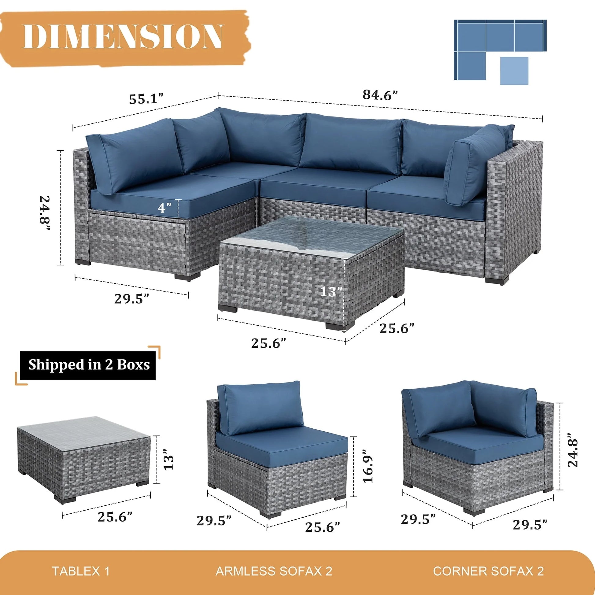 Walsunny 5 Pieces Patio Furniture Sets, Wicker Rattan Outdoor Sectional Sofa with Glass Table and Cushions Aegean Blue