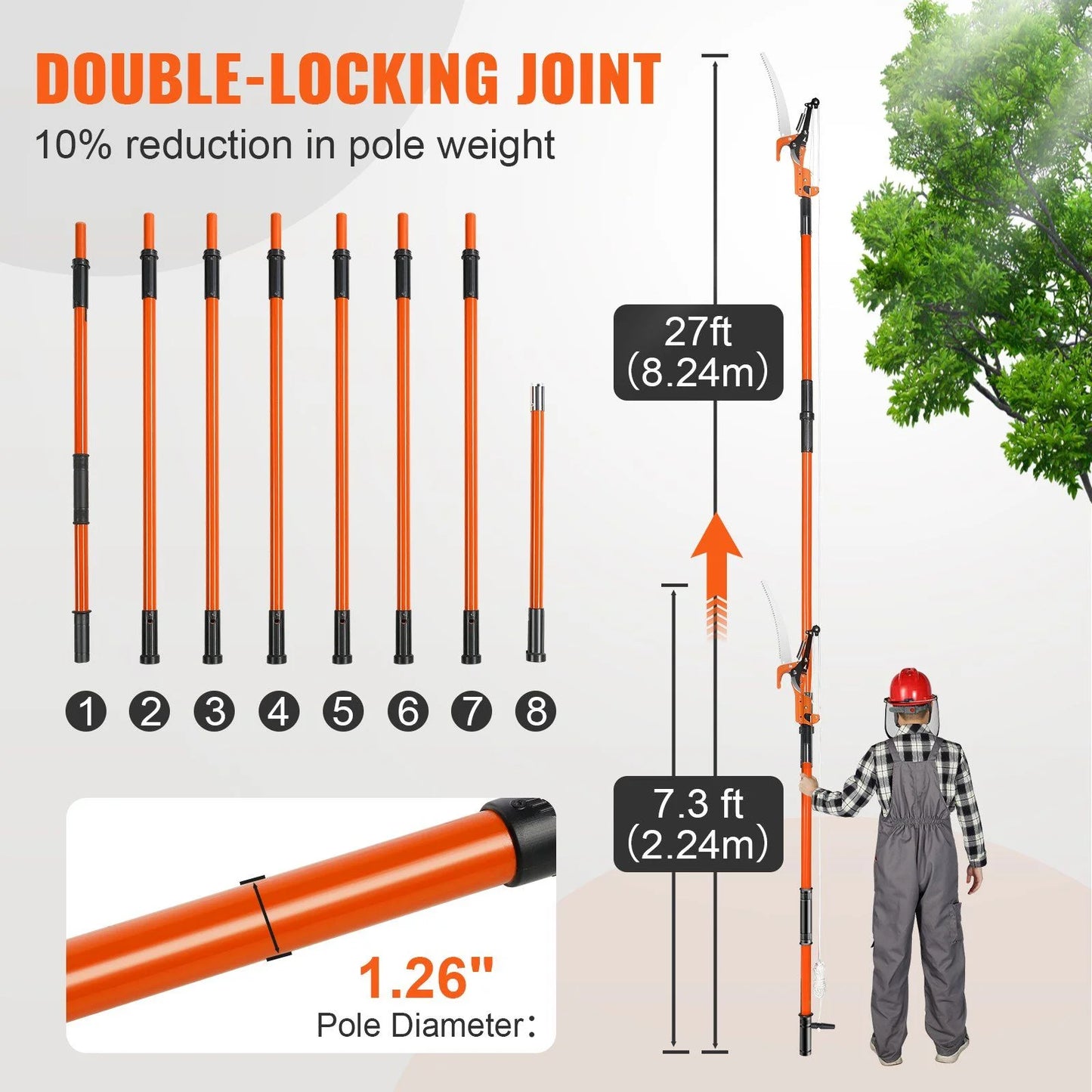 Telescopic pole saw trimmer 7.3-27 FT, manual tree trimmer with sharp steel knife and lightweight fiberglass handle for cutting tall branches, palms and shrubs